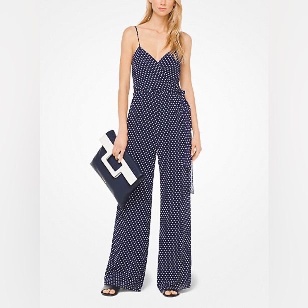 Michael Kors Navy and White Polka Dot Jumpsuit